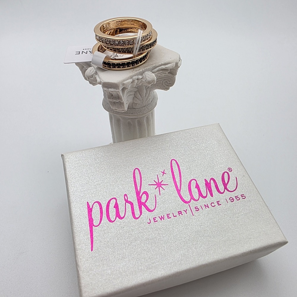 New! PARK LANE Rings 'Paradigm' Set Of 3 Stackable‎ Gold Black & Gray Size 6 Box